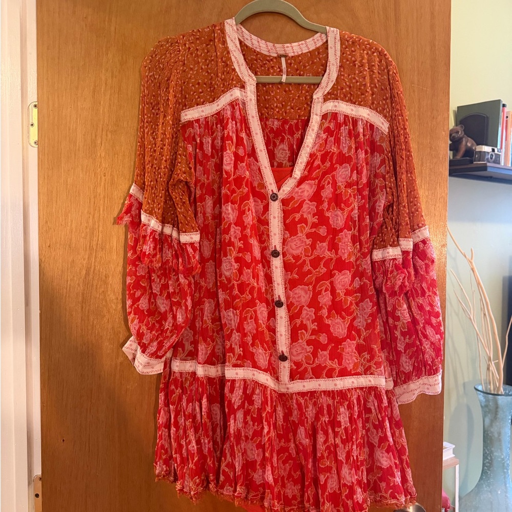 Free People Boho Red Floral Tiered Button-Front Tunic